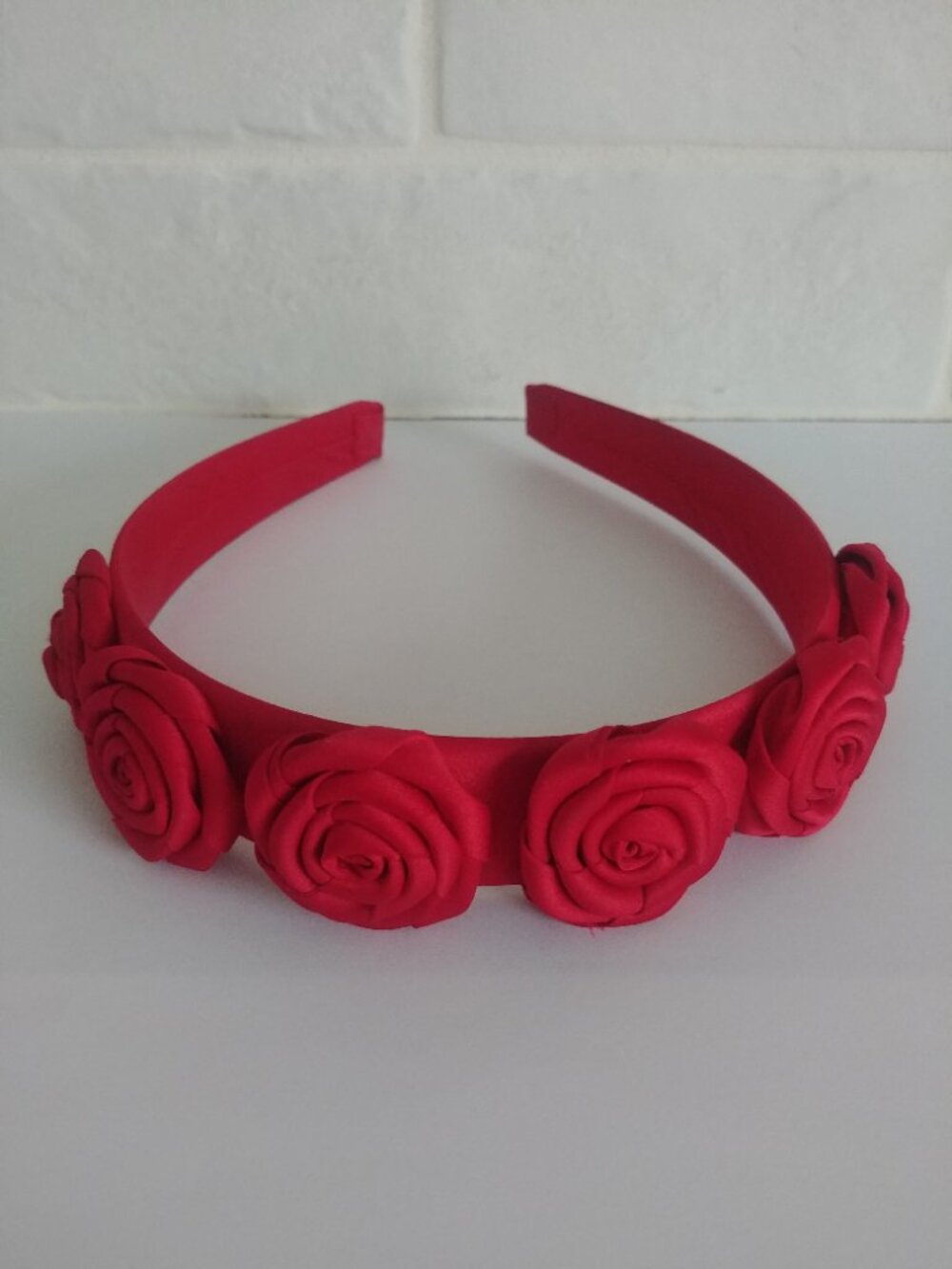 4/$20 Red satin rose headband with rosette flowers hair accessory